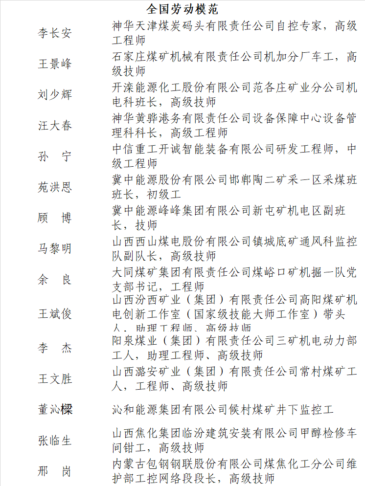 煤炭行業47人入圍2020年全國勞動模范和先進工作者表彰（附名單）
