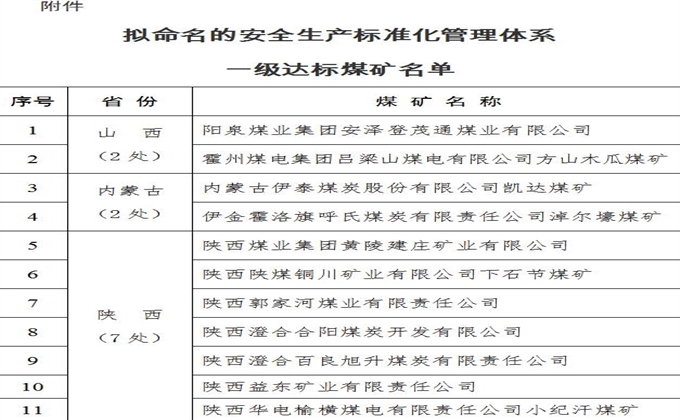 11處煤礦擬命名為安全生產標準化管理體系一級達標煤礦
