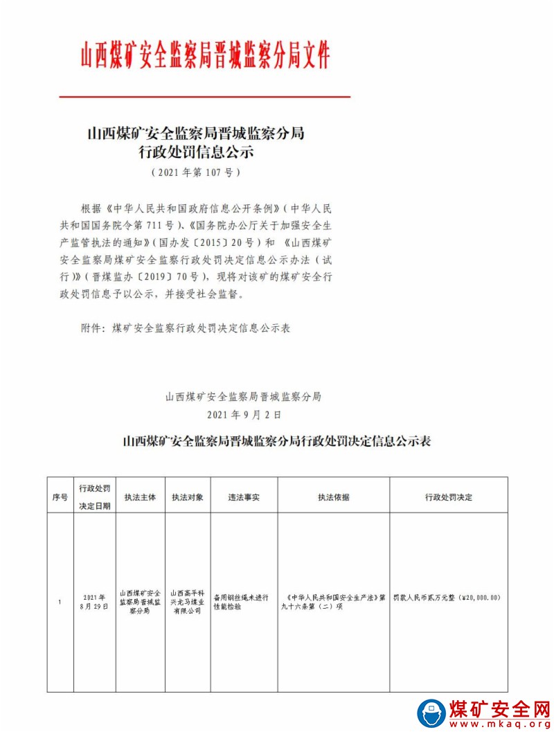 山西煤礦安全監察局晉城監察分局行政處罰決定信息公示公告（2021）第107號（2021年9月2日）