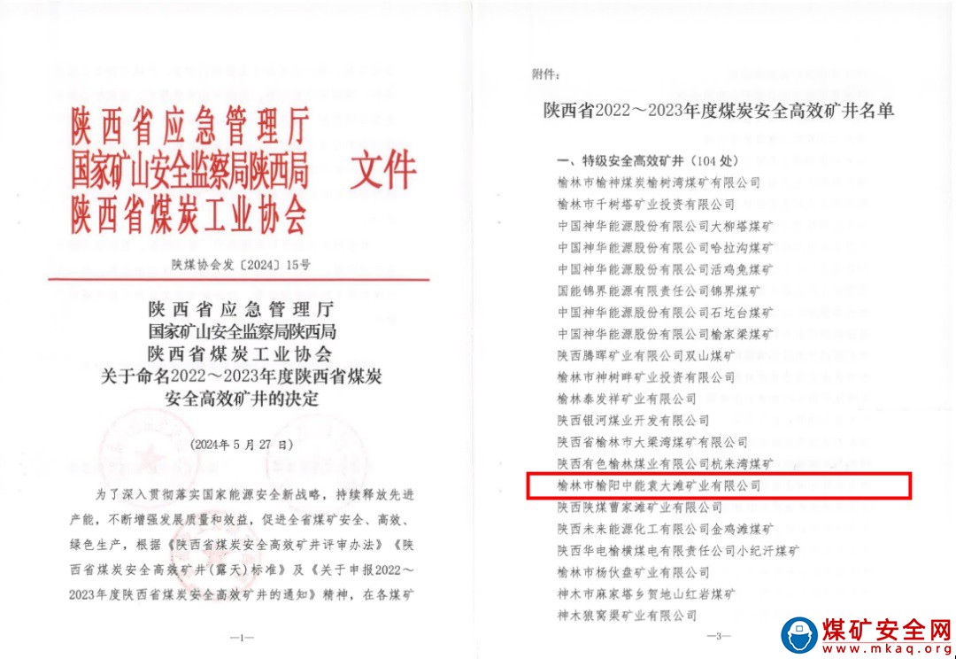 陜西中能煤田有限公司所屬中能袁大灘礦業榮獲“陜西省煤炭特級安全高效礦井”稱號